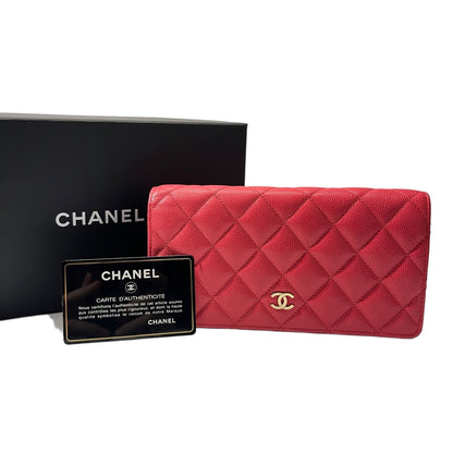 Used CHANEL Calfskin Leather Wallet Red GHW