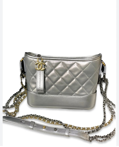 Used CHANEL Quilted Smooth Leather Gabrielle Shoulder Bag Silver GHW