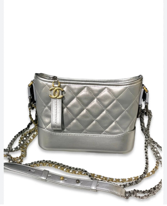 Used CHANEL Quilted Smooth Leather Gabrielle Shoulder Bag Silver GHW