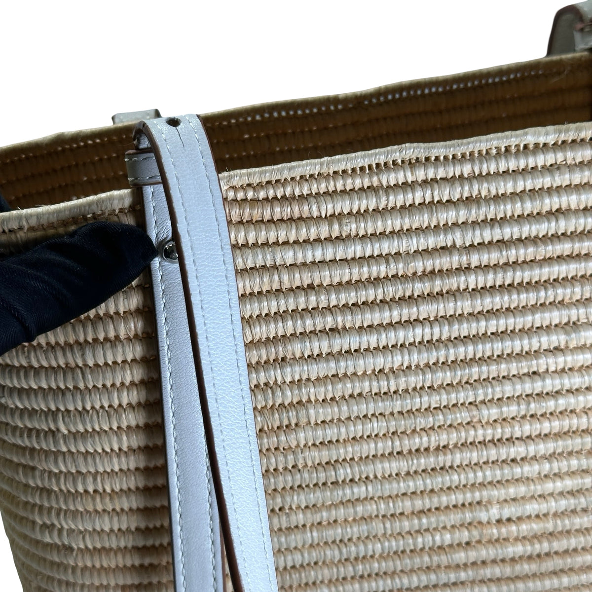 Used LOEWE Raffia Calfskin Square Basket Basket Bag Natural White