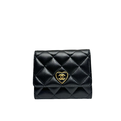 Unused CHANEL Lambskin Leather Wallet Black GHW