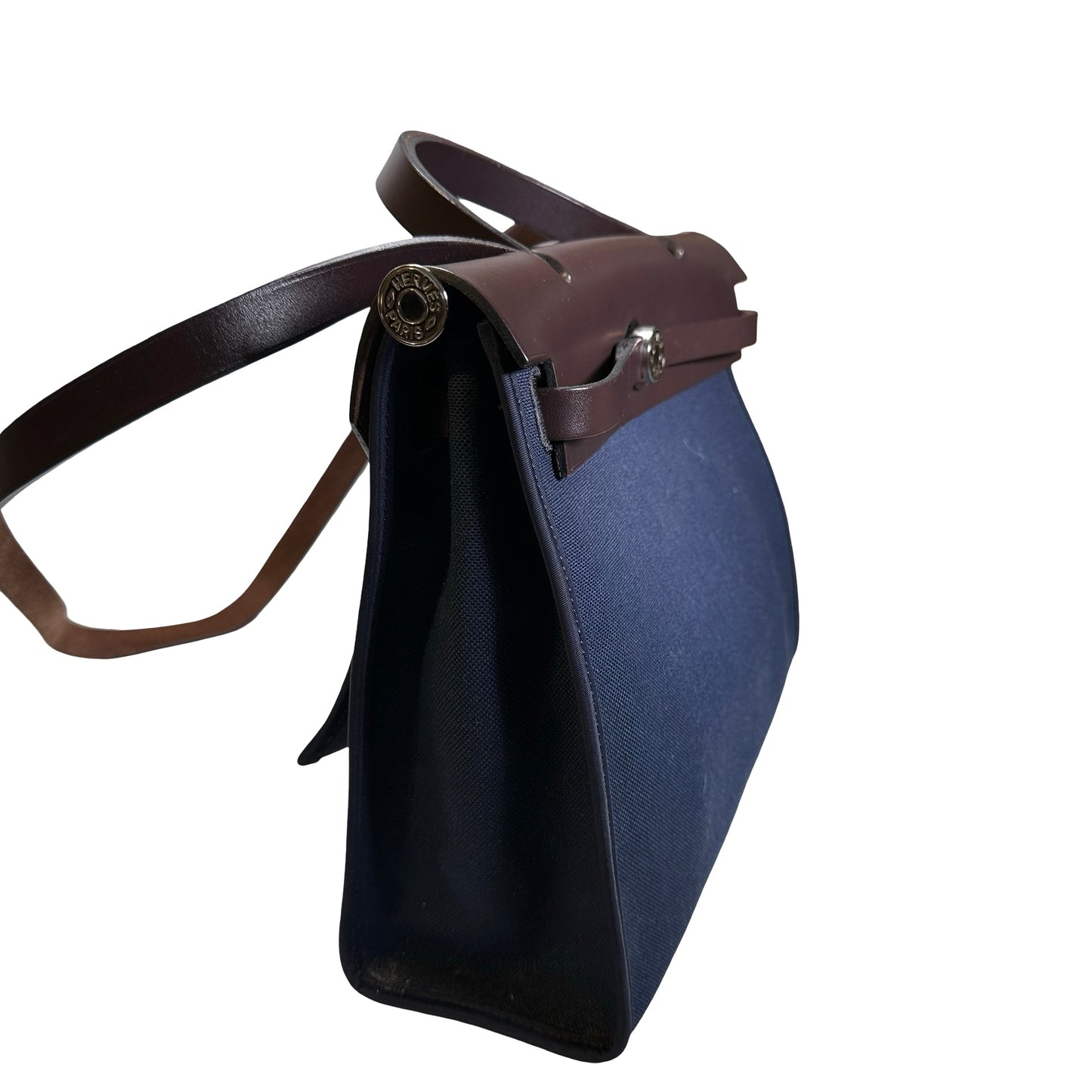 Used HERMES Toile Hunter Herbag Zip Handbag Navy Blue Brown