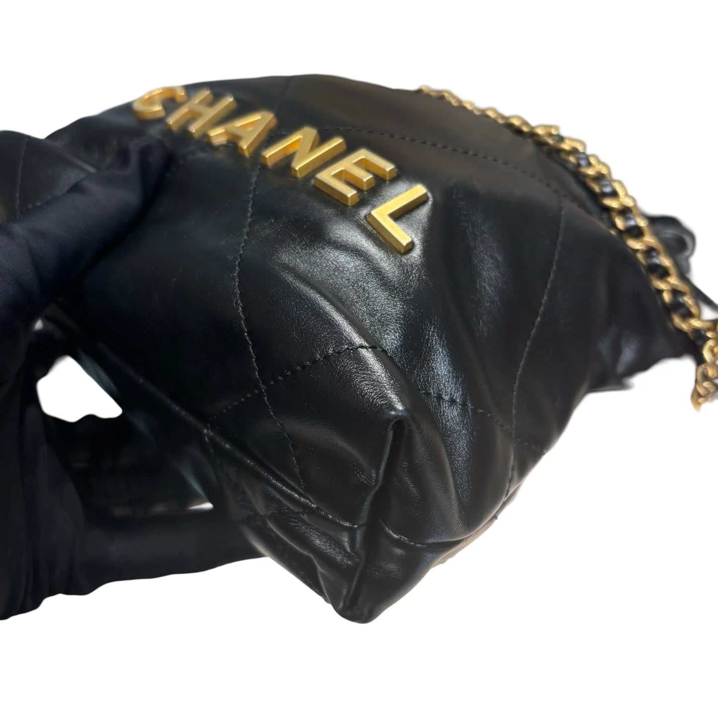 New CHANEL Lambskin Leather Mini 22 Chain Shoulder Bag Black GHW