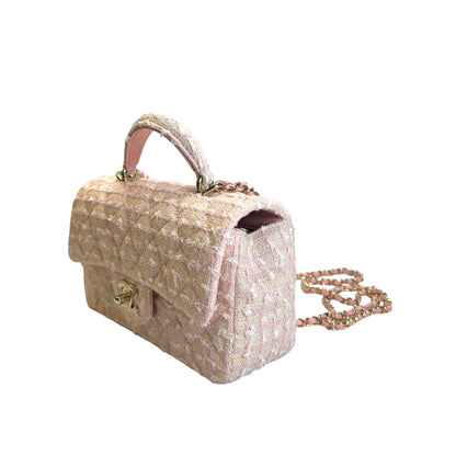 Used CHANEL Tweed Quilted Mini Flap Bag with Top Handle Handbag Pink White