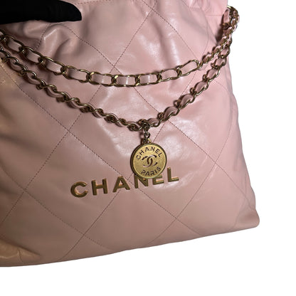 Used CHANEL Calfskin Leather 22 Medium Shoulder Bag Pink GHW