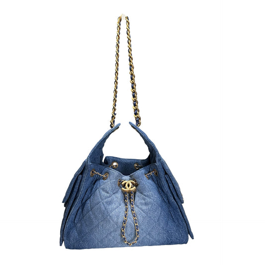 Used CHANEL Denim Quilted Kelly Shoulder Bag Blue GHW