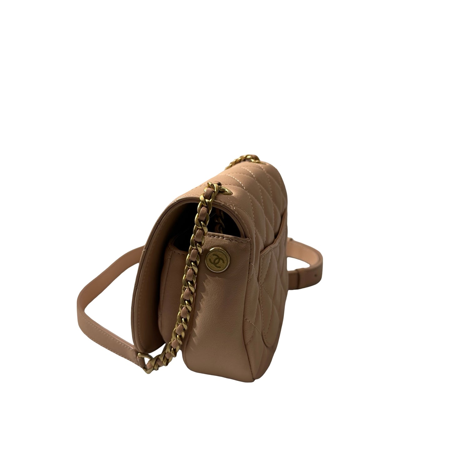 Used CHANEL Calfskin Leather 21S Messenger Bag Beige GHW