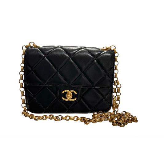 Used CHANEL Lambskin Leather Cross Body Bag Black GHW