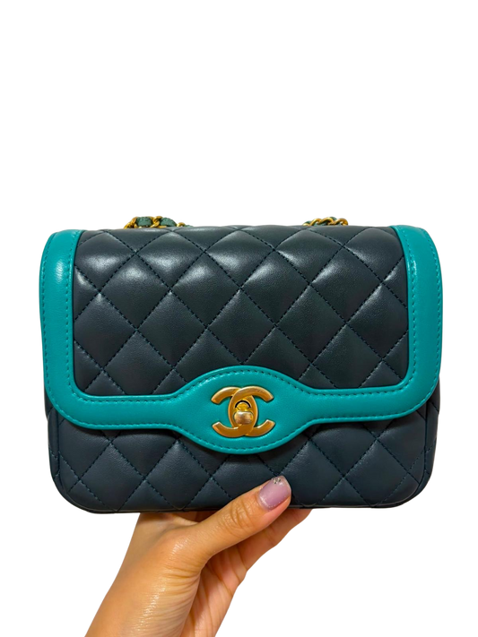 Used CHANEL Quilted Leather Two Tone Day Flap Bag Chain Shoulder Bag Navy Blue Turquoise Gold