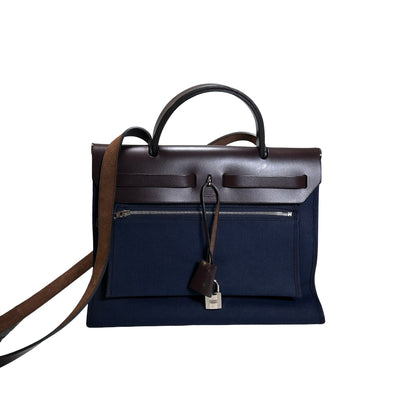 Used HERMES Toile Hunter Herbag Zip Handbag Navy Blue Brown