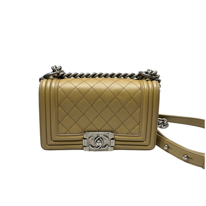 Used CHANEL Lambskin Leather Boy 20cm Shoulder Bag PHW Brown