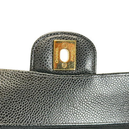Used CHANEL Quilted Caviar Classic Flap Shoulder Bag Black Gold