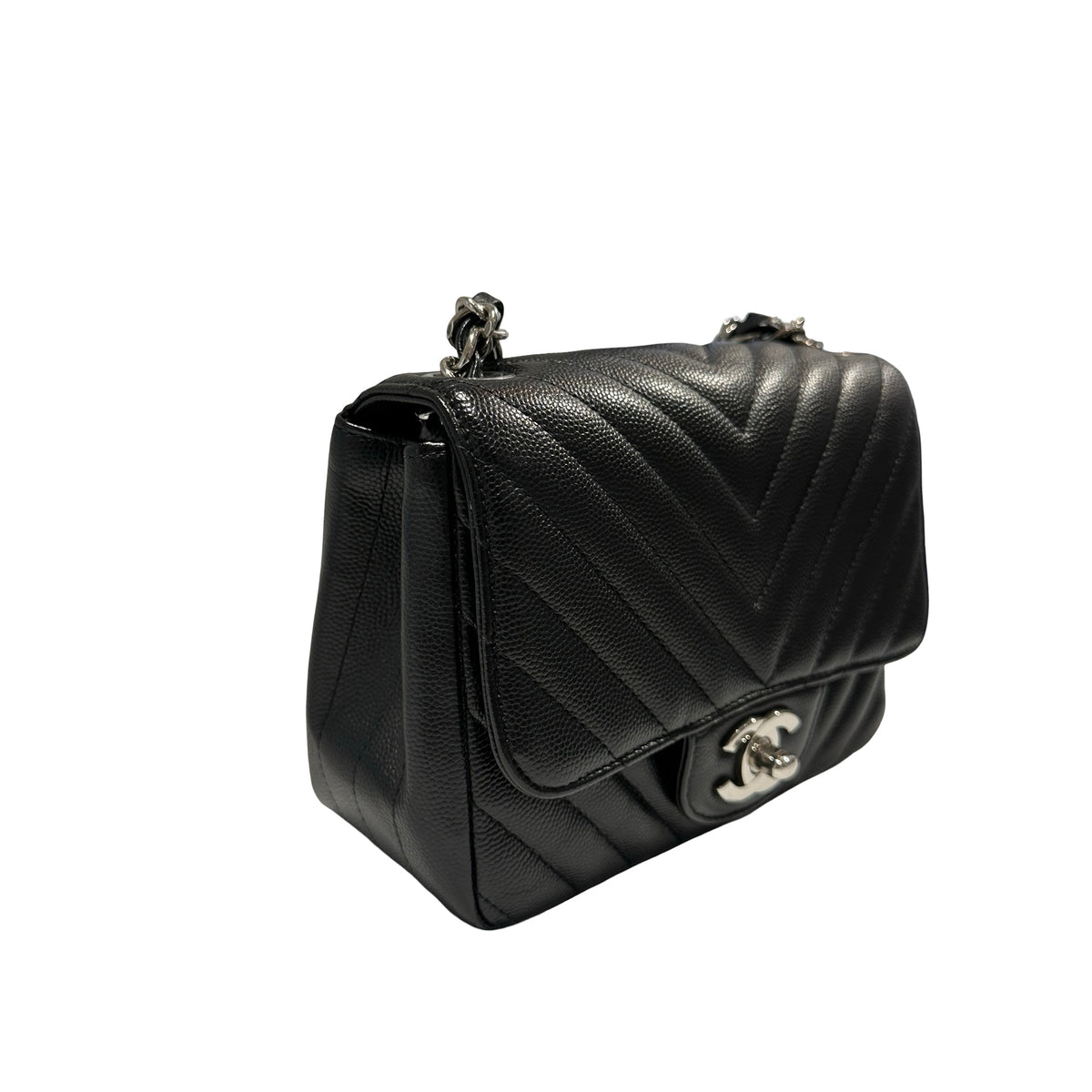 Used CHANEL Caviar Leather Mini Rectangular Flap Chain Shoulder Bag Black PHW