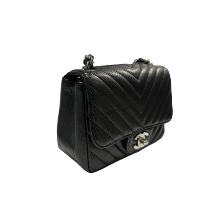 Used CHANEL Caviar Leather Mini Rectangular Flap Chain Shoulder Bag Black PHW