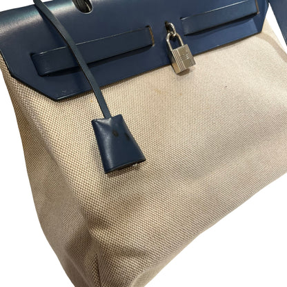 Used HERMES Canvas Leather Herbag Handbag Beige Blue