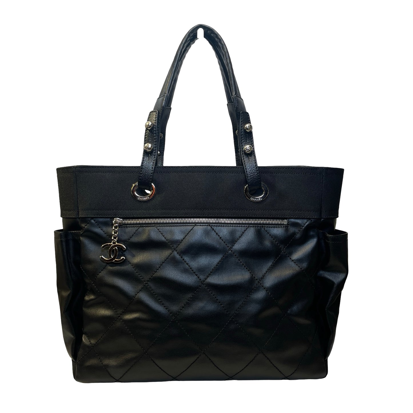 Used CHANEL Quilted Coated Canvas Paris Biarritz Tote Bag Black