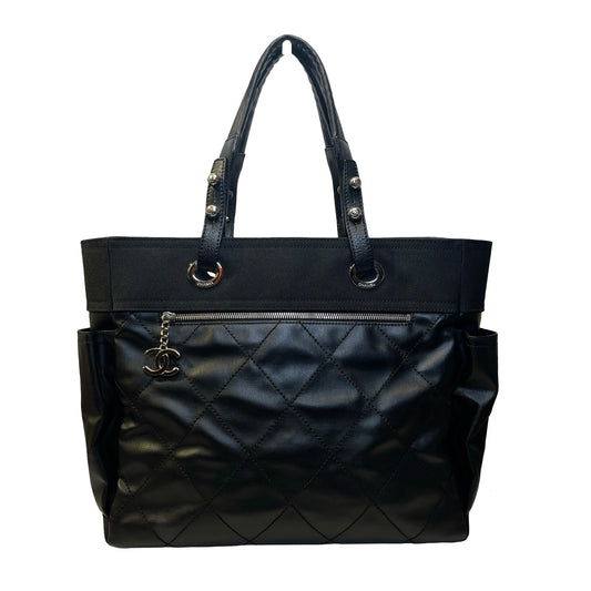 Used CHANEL Quilted Coated Canvas Paris Biarritz Tote Bag Black