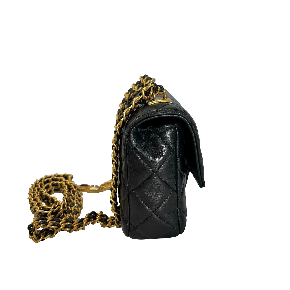 CHANEL Quilted Lambskin Mini Rectangular Flap Chain Shoulder Bag Black Gold