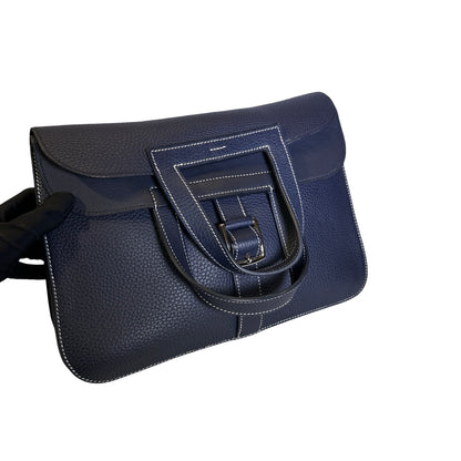 Used HERMÈS Clemence leather Halzan 31 Shoulder Bag Navy Blue PHW