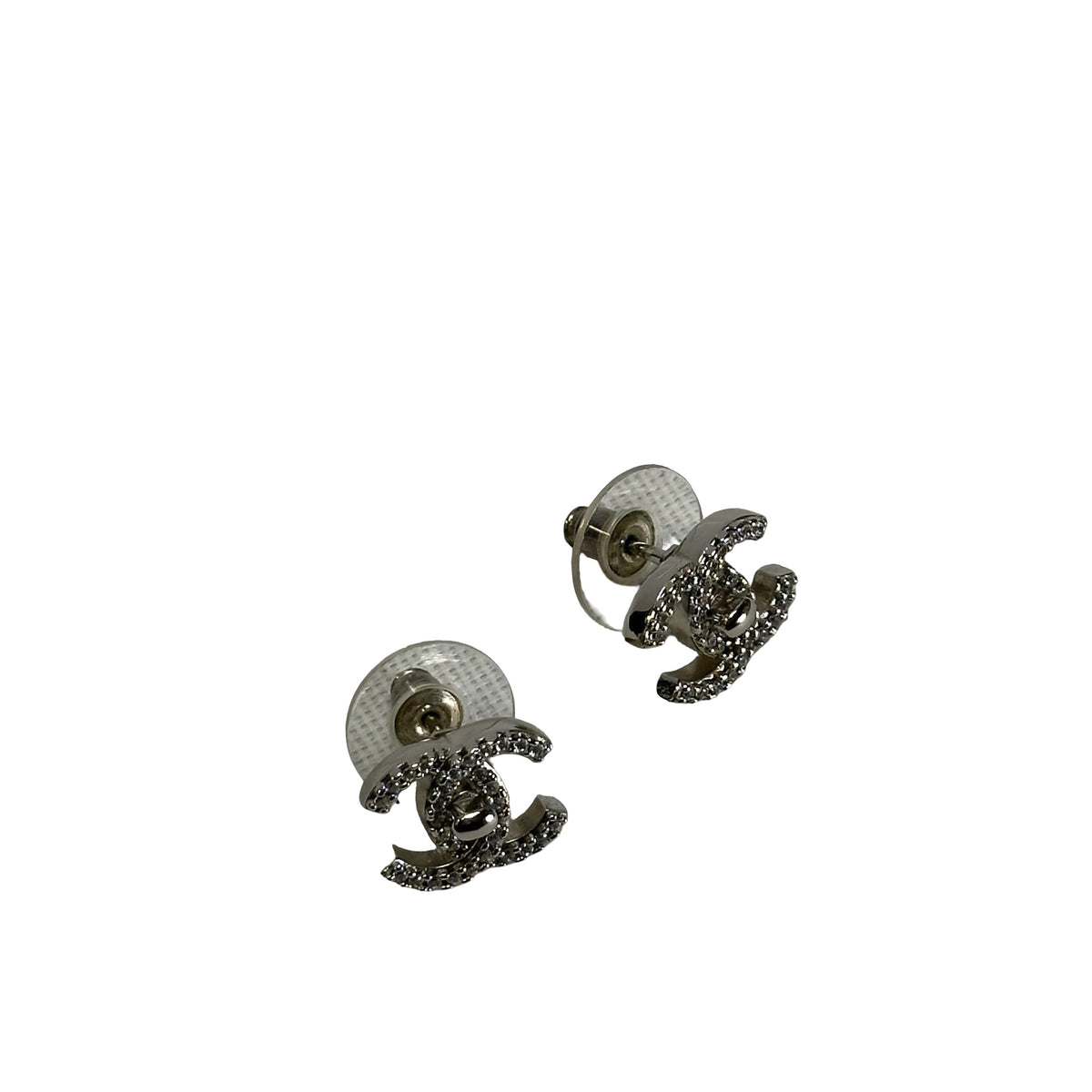 Used CHANEL Crystals CC Logo Earrings Silver