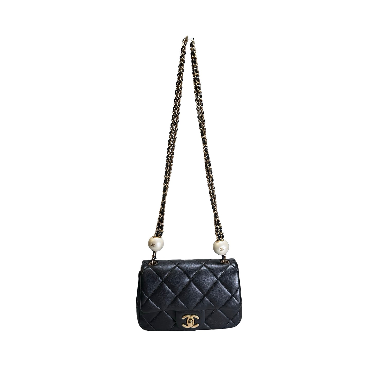 Used CHANEL Lambskin Quilted Mini Flap Bag Pearl Crush Mini Flag Bag with Gold Ball Black Gold