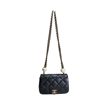 Used CHANEL Lambskin Quilted Mini Flap Bag Pearl Crush Mini Flag Bag with Gold Ball Black Gold