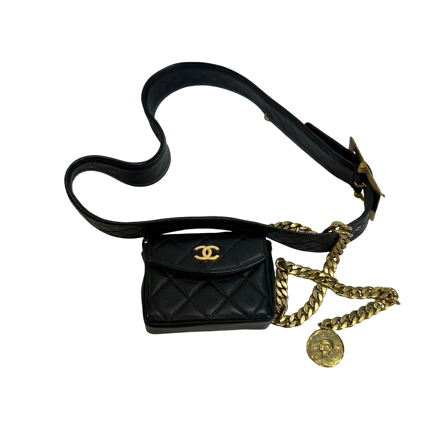 Used CHANEL Quilted Leather Quilted Belt Bag Belt bag Black Gold