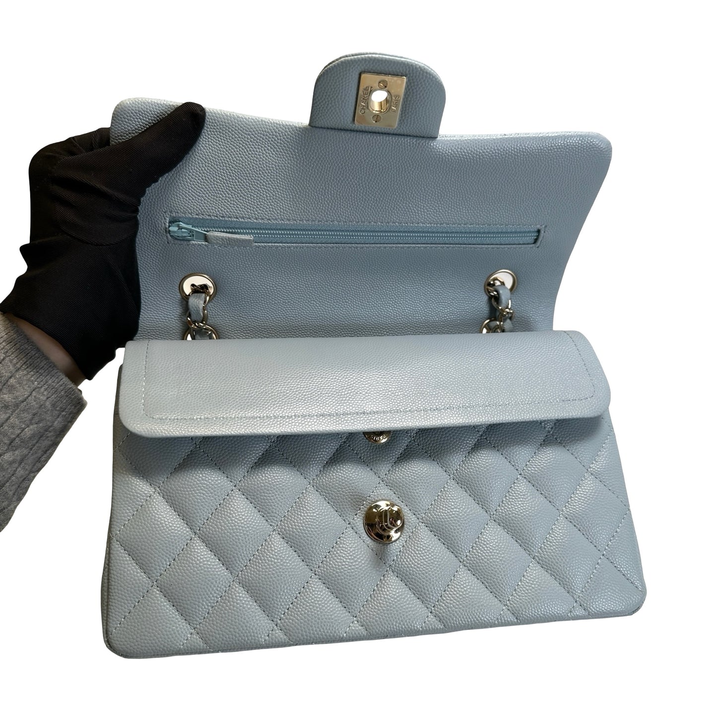 Used CHANEL Quilted Caviar CF23 Chain Shoulder Bag Light Blue GHW