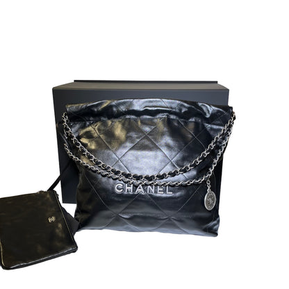 Used Chanel Shiny Calfskin 22 Hobo Bag Black PHW