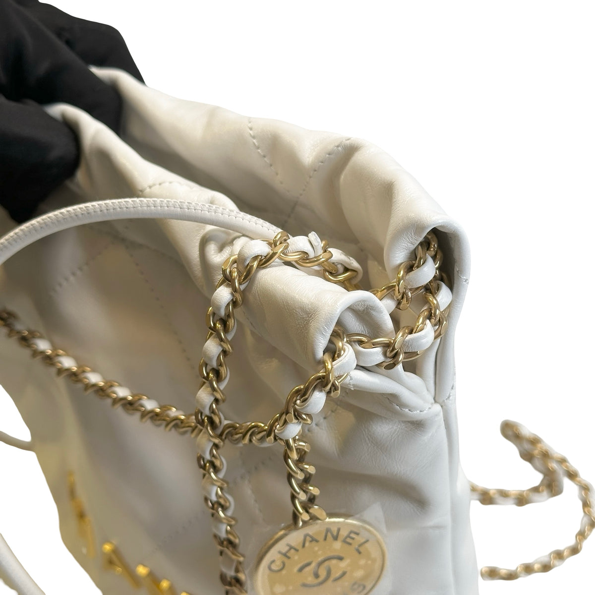 Used CHANEL Calfskin 22 Bag Mini Chain shoulder bag White GHW