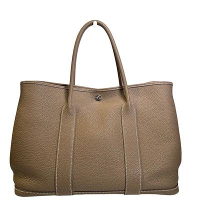Used HERMES Leather Garden Party Tote Bag Etoupe GHW