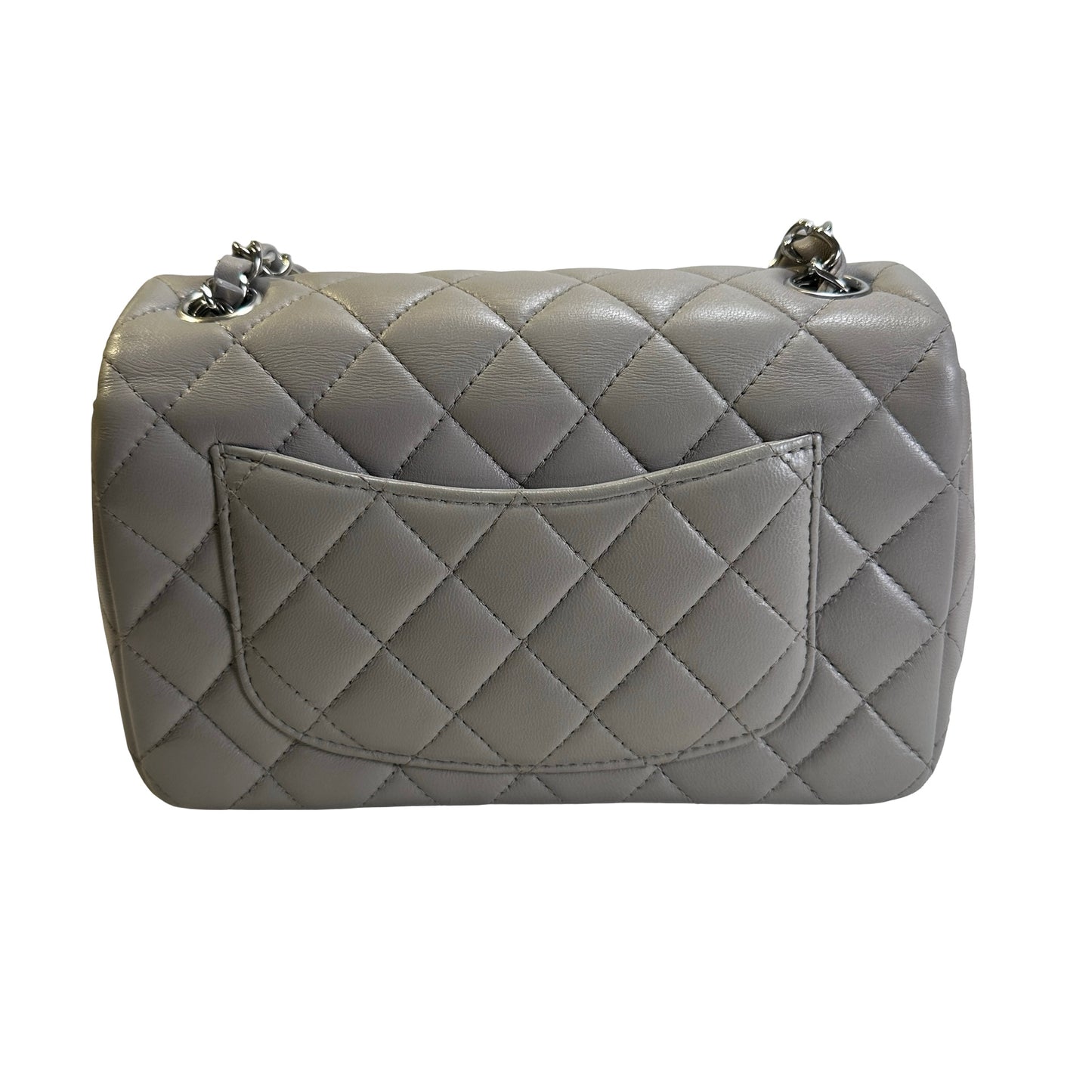 Used CHANEL Quilted Lambskin Mini Rectangular Flap Bag Shoulder Bag Grey Silver Hardware