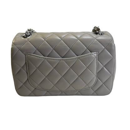 Used CHANEL Quilted Lambskin Mini Rectangular Flap Bag Shoulder Bag Grey Silver Hardware