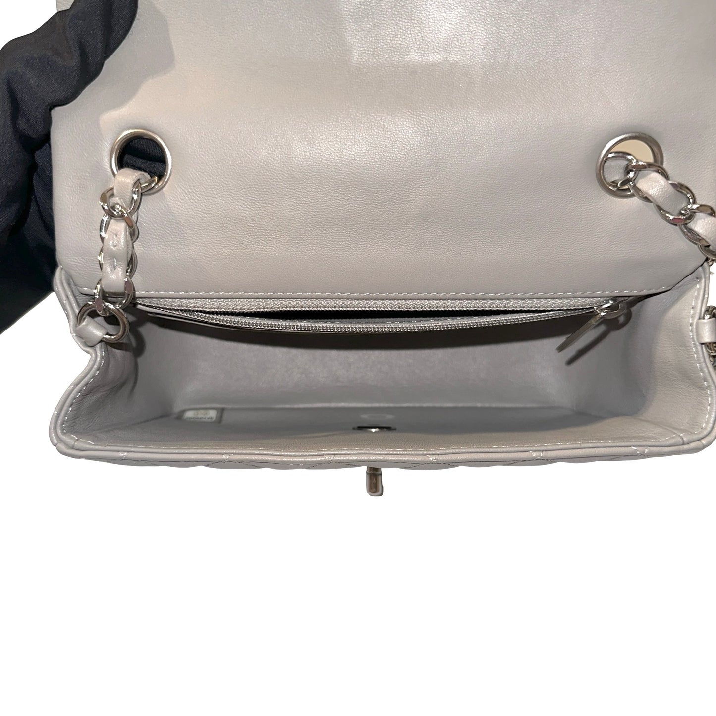 Used CHANEL Quilted Lambskin Classic Flap Chain Shoulder Bag Grey PHW