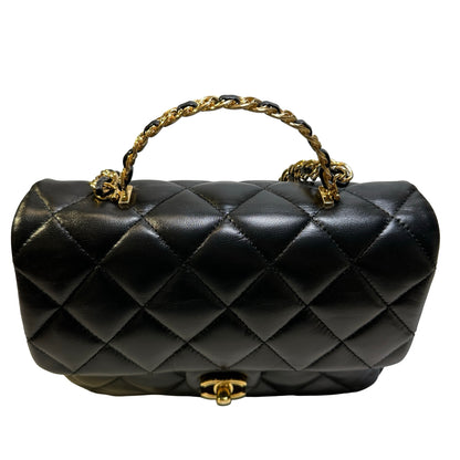 Used CHANEL Quilted Lambskin Top Handle Flap Bag Handbag Black