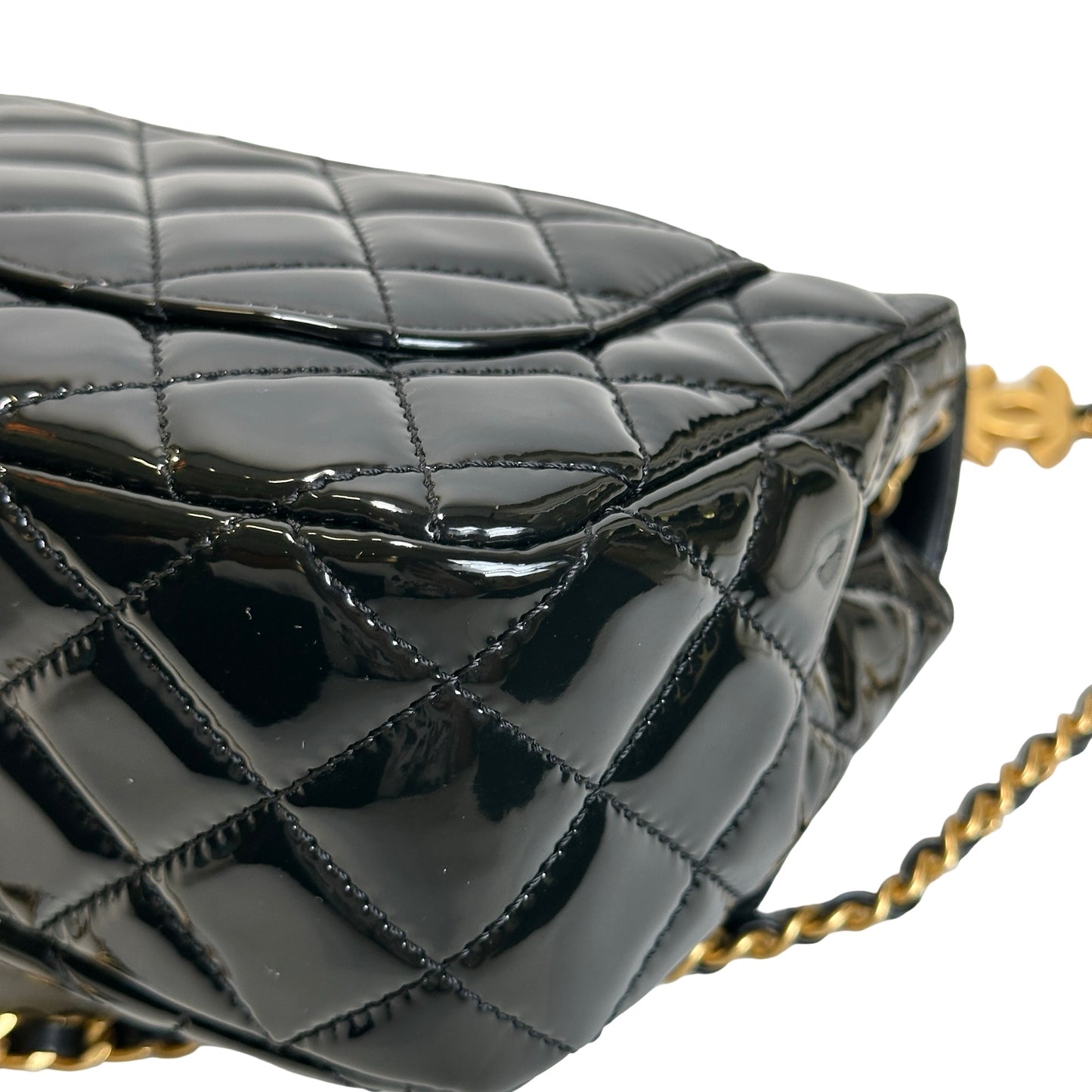 Used CHANEL Quilted Patent Leather Flap Bag Chain Shoulder Bag Black Gold