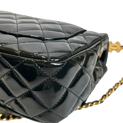 Used CHANEL Quilted Patent Leather Flap Bag Chain Shoulder Bag Black Gold