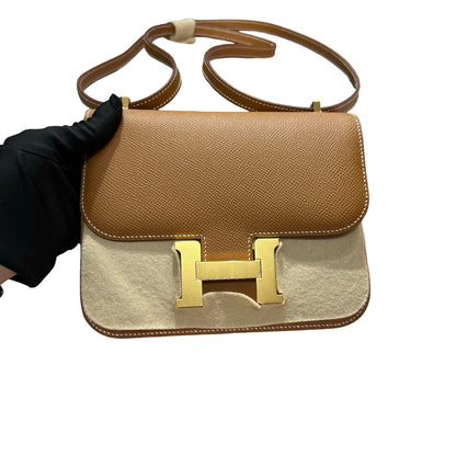 Brand New HERMES Epsom Felt Mini Constance Crossbody Bag Gold FHW