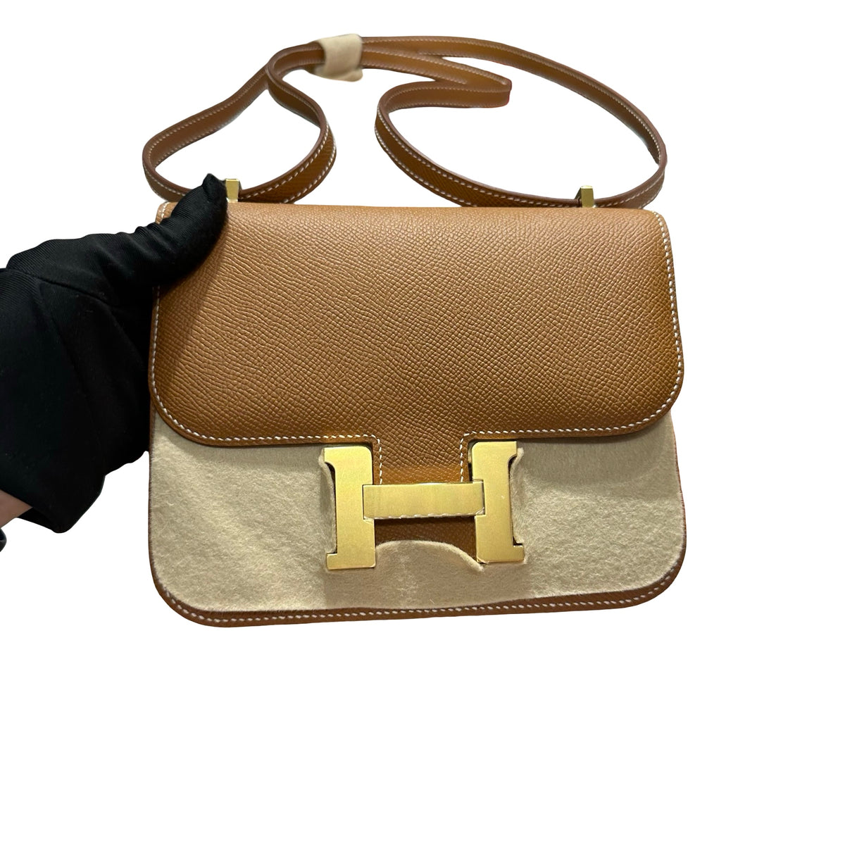 Brand New HERMES Epsom Felt Mini Constance Crossbody Bag Gold FHW