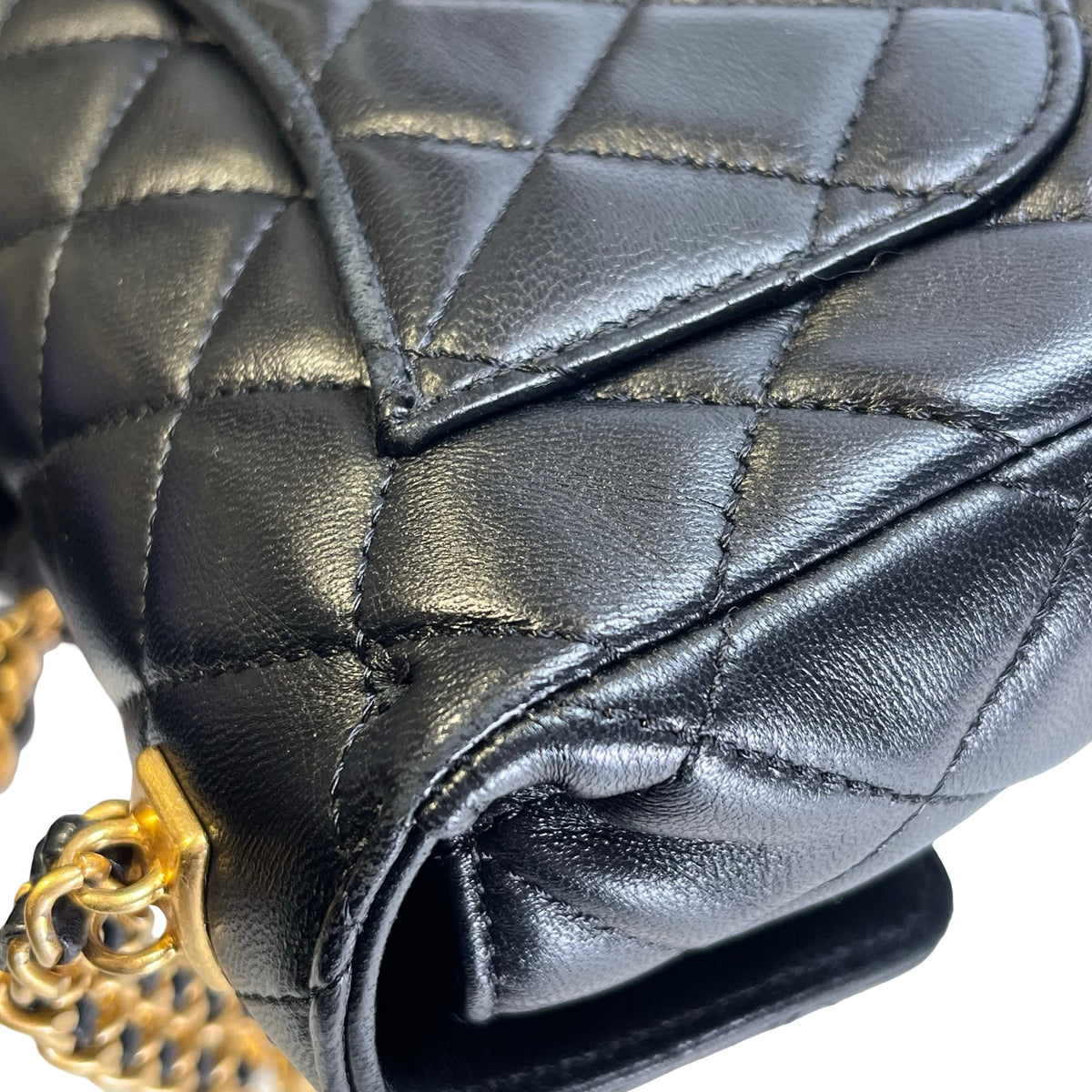 CHANEL Quilted Lambskin Mini Rectangular Flap Chain Shoulder Bag Black Gold
