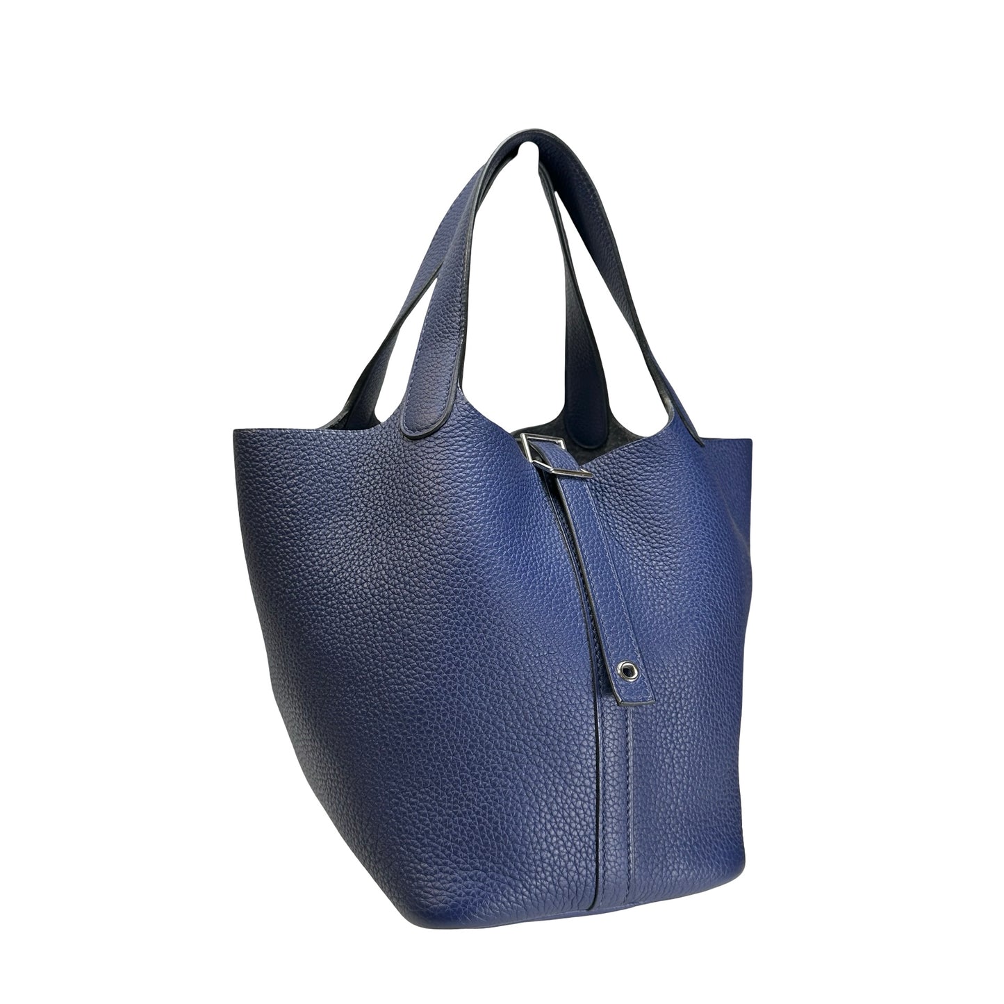 Used HERMES Clemence Leather Picotin 18 Bucket Bag Blue PHW