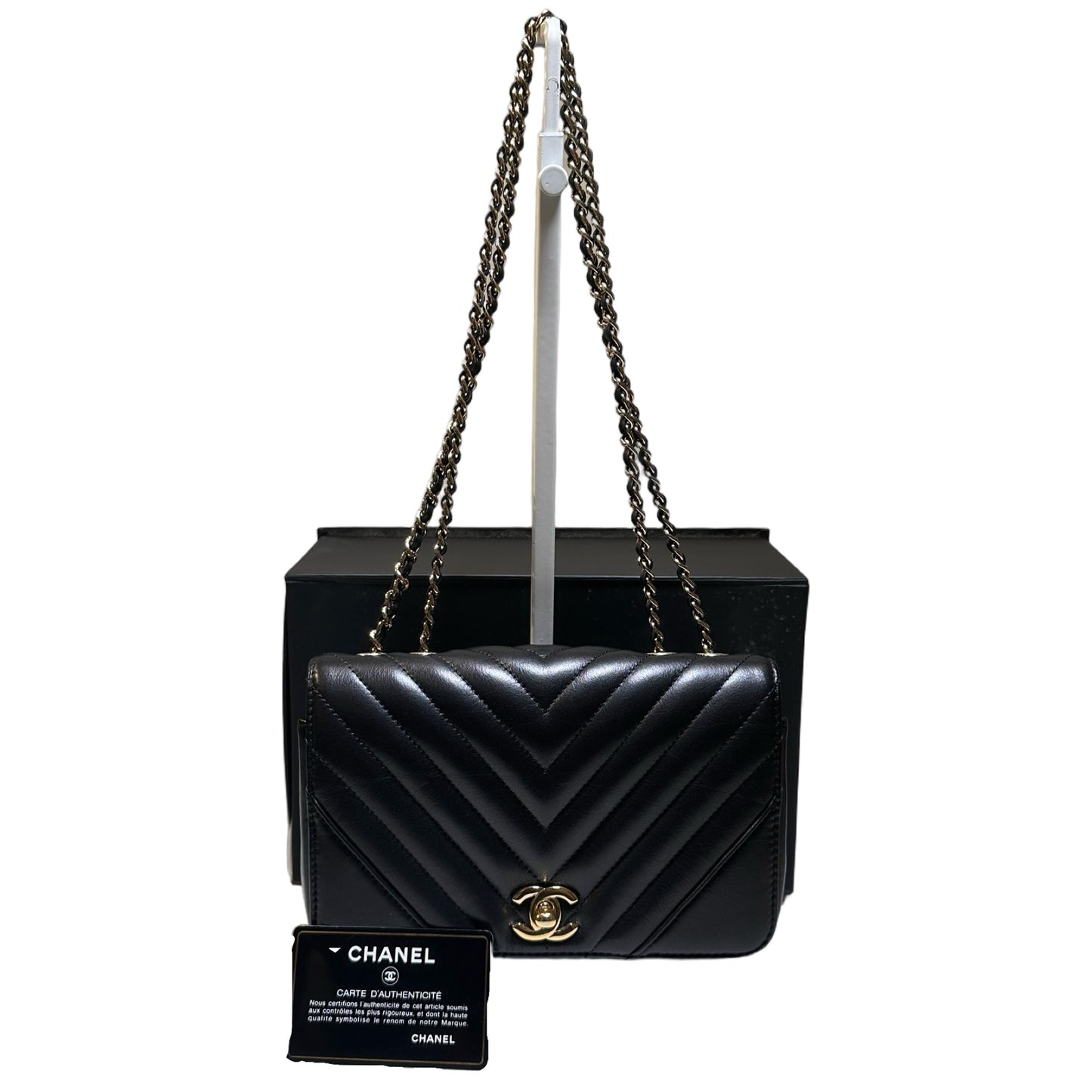 Used CHANEL Chevron Lambskin Chevron Flap Bag Chain Shoulder Bag Black Gold