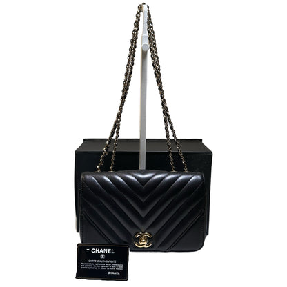 Used CHANEL Chevron Lambskin Chevron Flap Bag Chain Shoulder Bag Black Gold