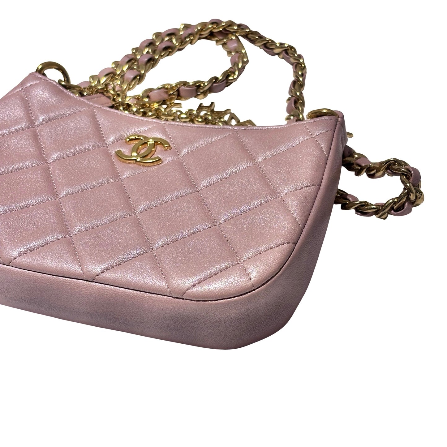 Used CHANEL Lambskin Leather 24P Charms Hobo Bag metallic pink GHW