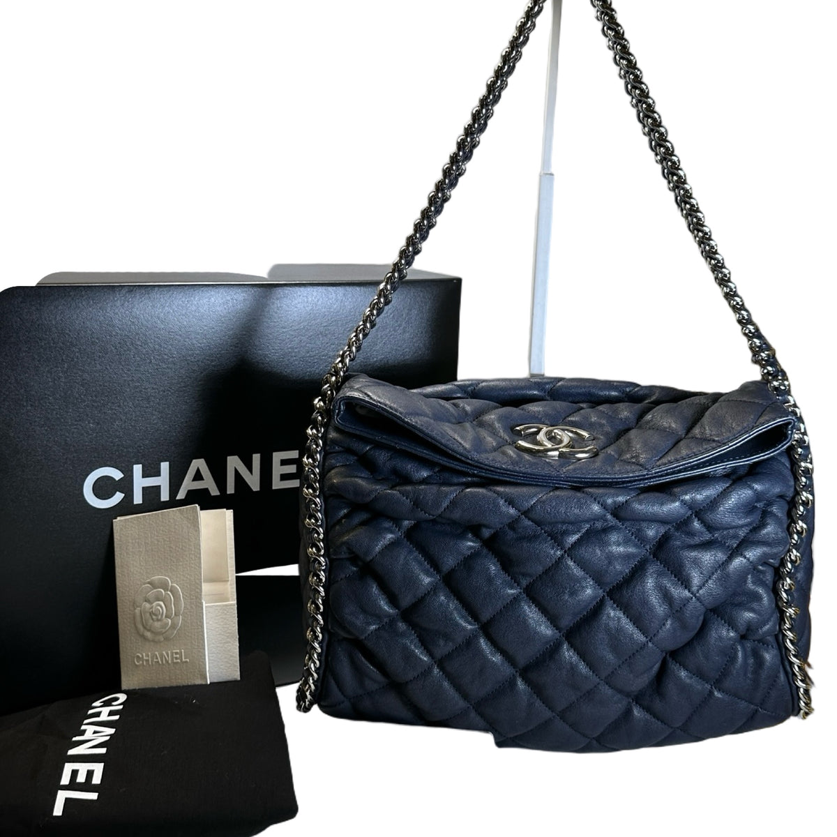 Used CHANEL Quilted Leather Quilted Shoulder Bag Chain Shoulder Bag Navy Blue Silver Hardware