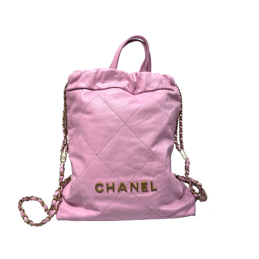 Used CHANEL Calfskin Leather 23P 22 Small Backpack Shiny Calfskin Shoulder Bag Pink GHW