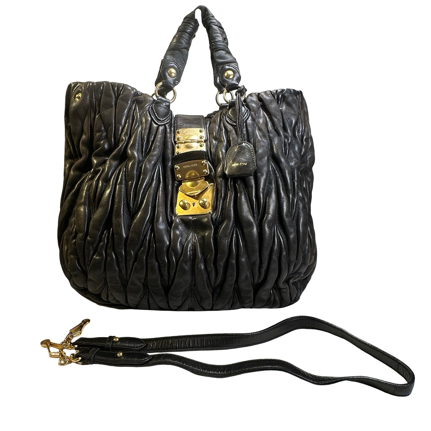 Used MIU MIU Matelasse Leather Handbag Black GHW