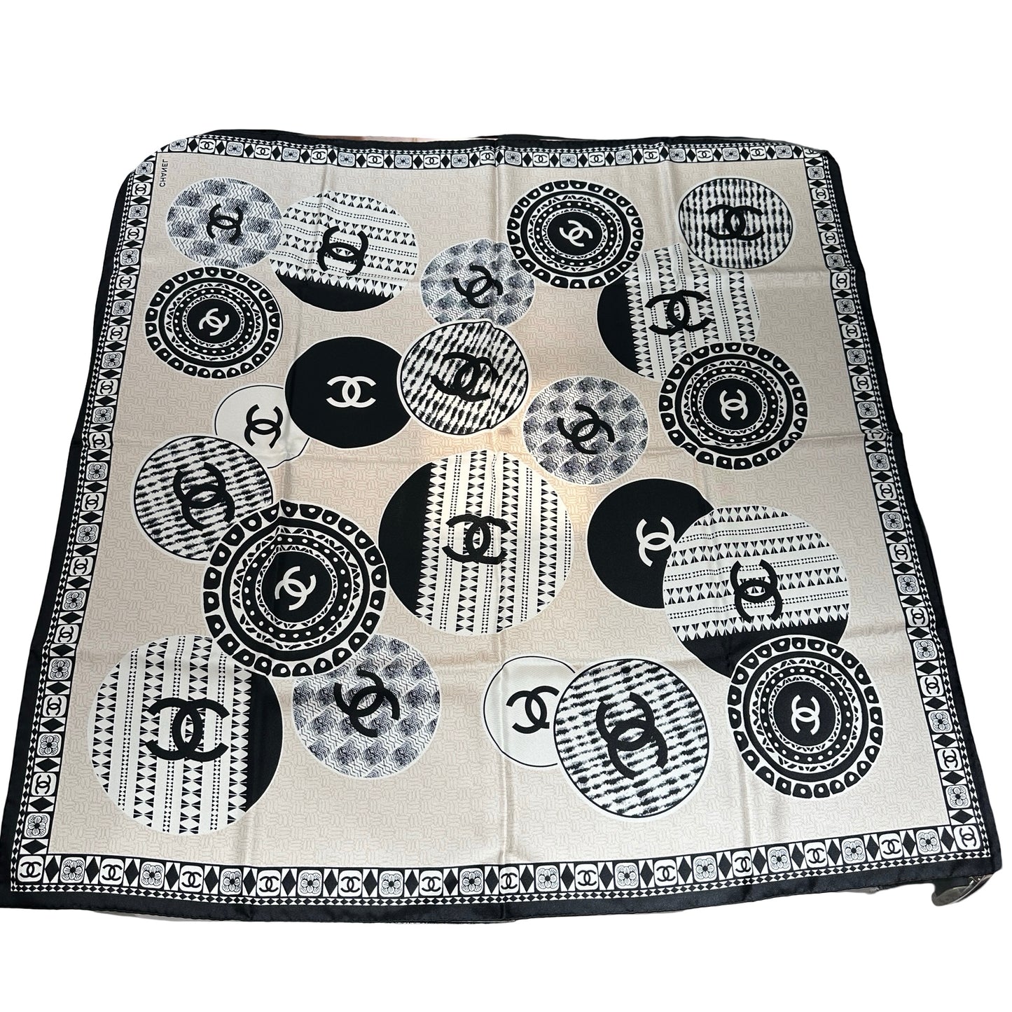 New Chanel Silk Scarf Black White Beige