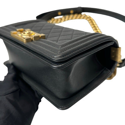 Used CHANEL Lambskin Leather Boy 20cm Shoulder Bag Black GHW