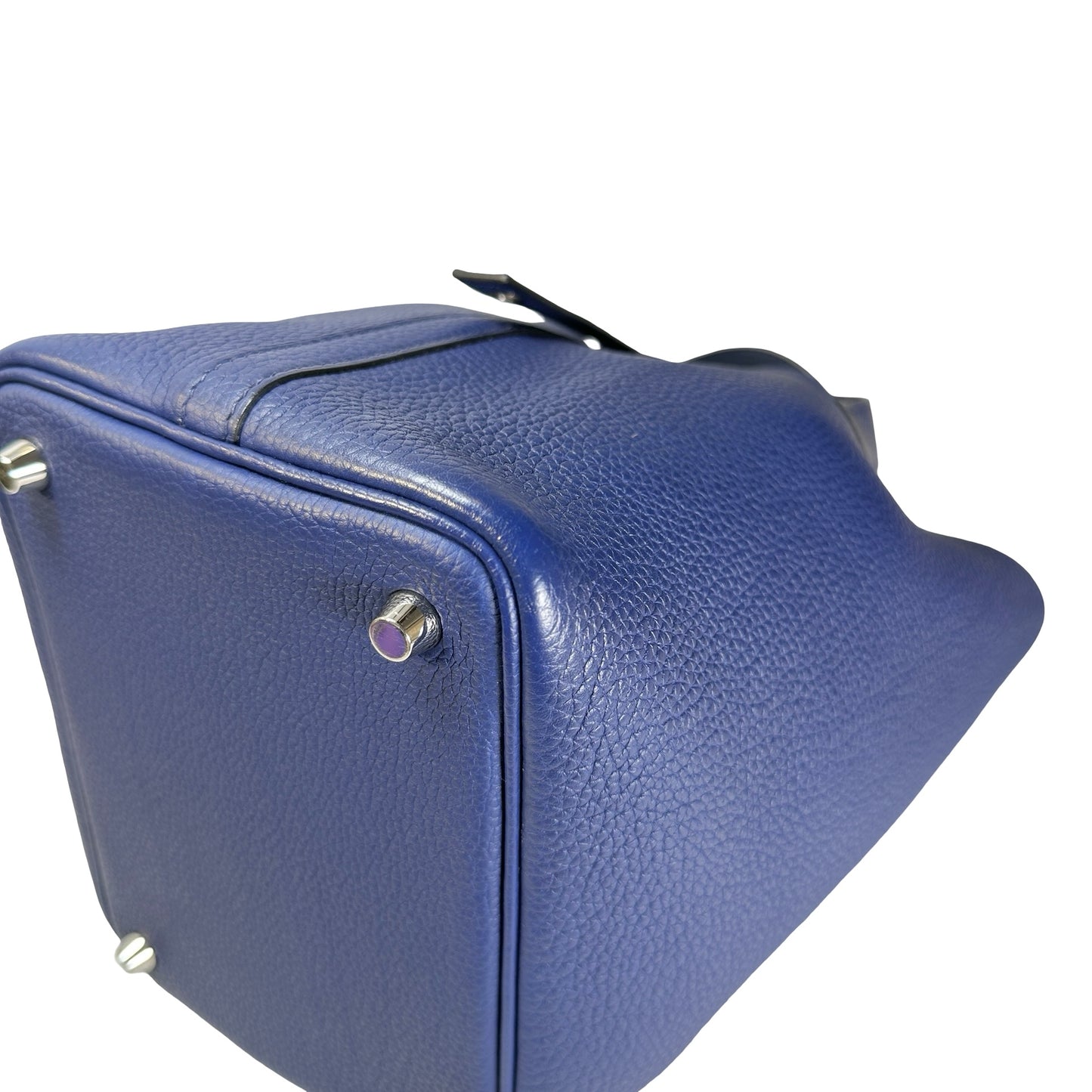 Used HERMES Clemence Leather Picotin 18 Bucket Bag Blue PHW